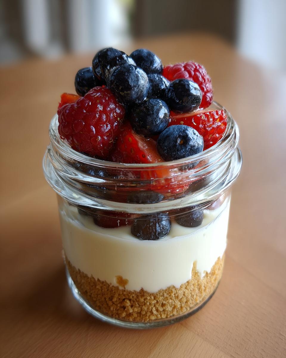 A single serving Protein Cheesecake layered in a glass jar with a graham cracker crust, creamy filling, and topped with fresh blueberries, raspberries, and strawberries.