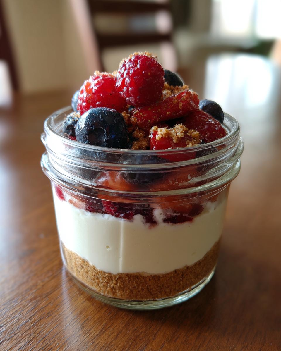Close-up of a layered Protein Cheesecake in a small glass jar, topped with fresh raspberries, blueberries, and crumbs.