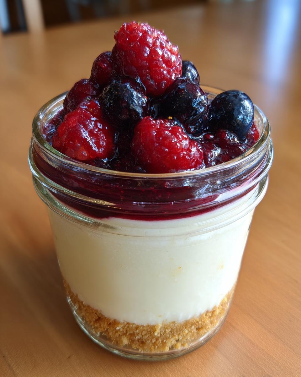 A single serving Protein Cheesecake layered in a small glass jar with a graham cracker crust and topped with mixed berries.