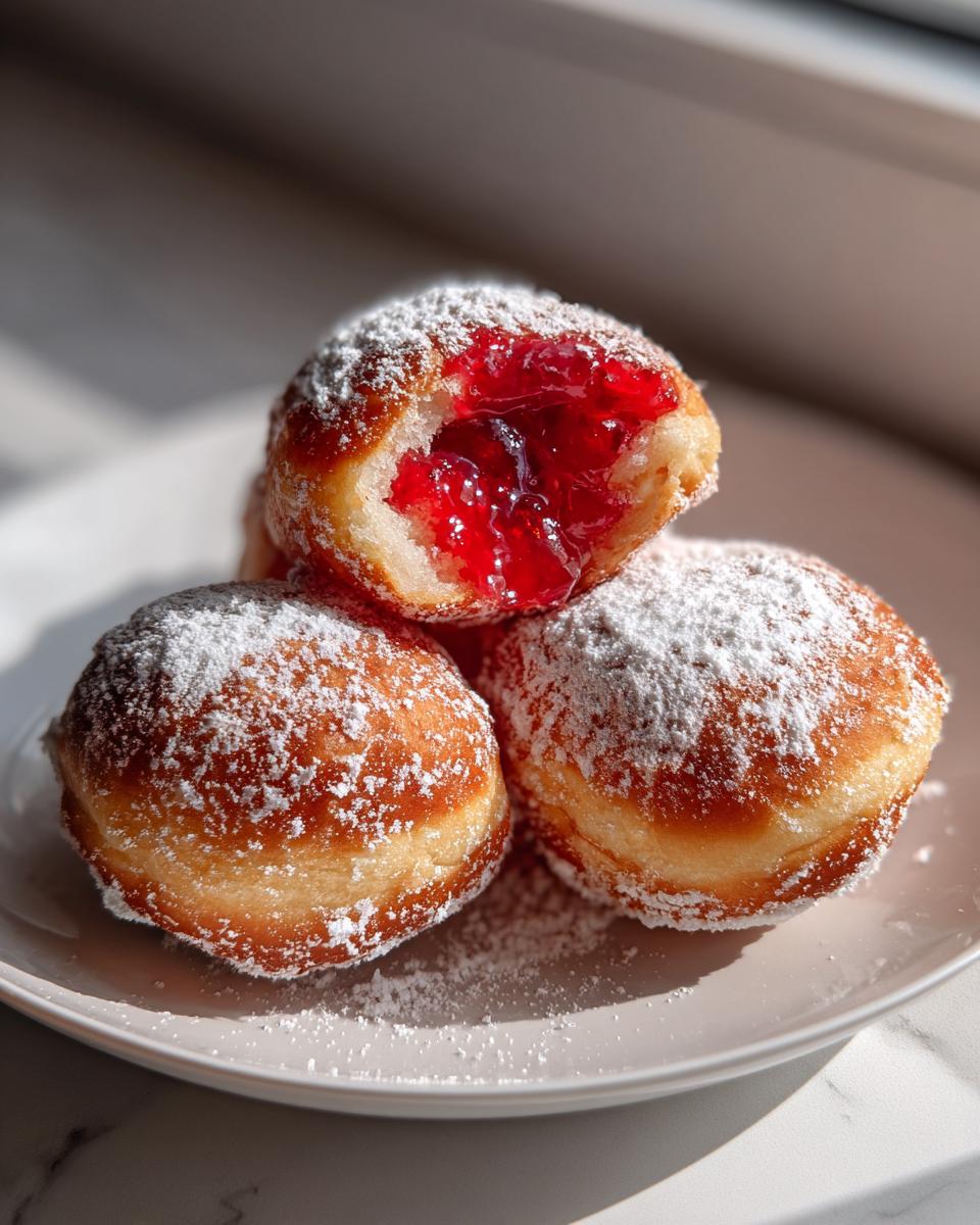 Three golden-brown Sufganiyot piled on a plate, one broken open to show bright red jelly filling, heavily dusted with powdered sugar.