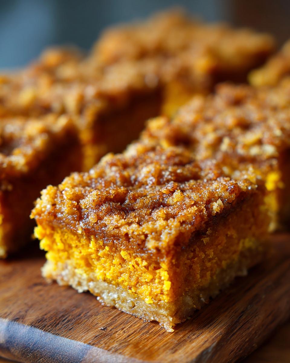 A close-up of a rich, orange pumpkin crunch cake bar with a sugary, crumbly topping on a wooden board.