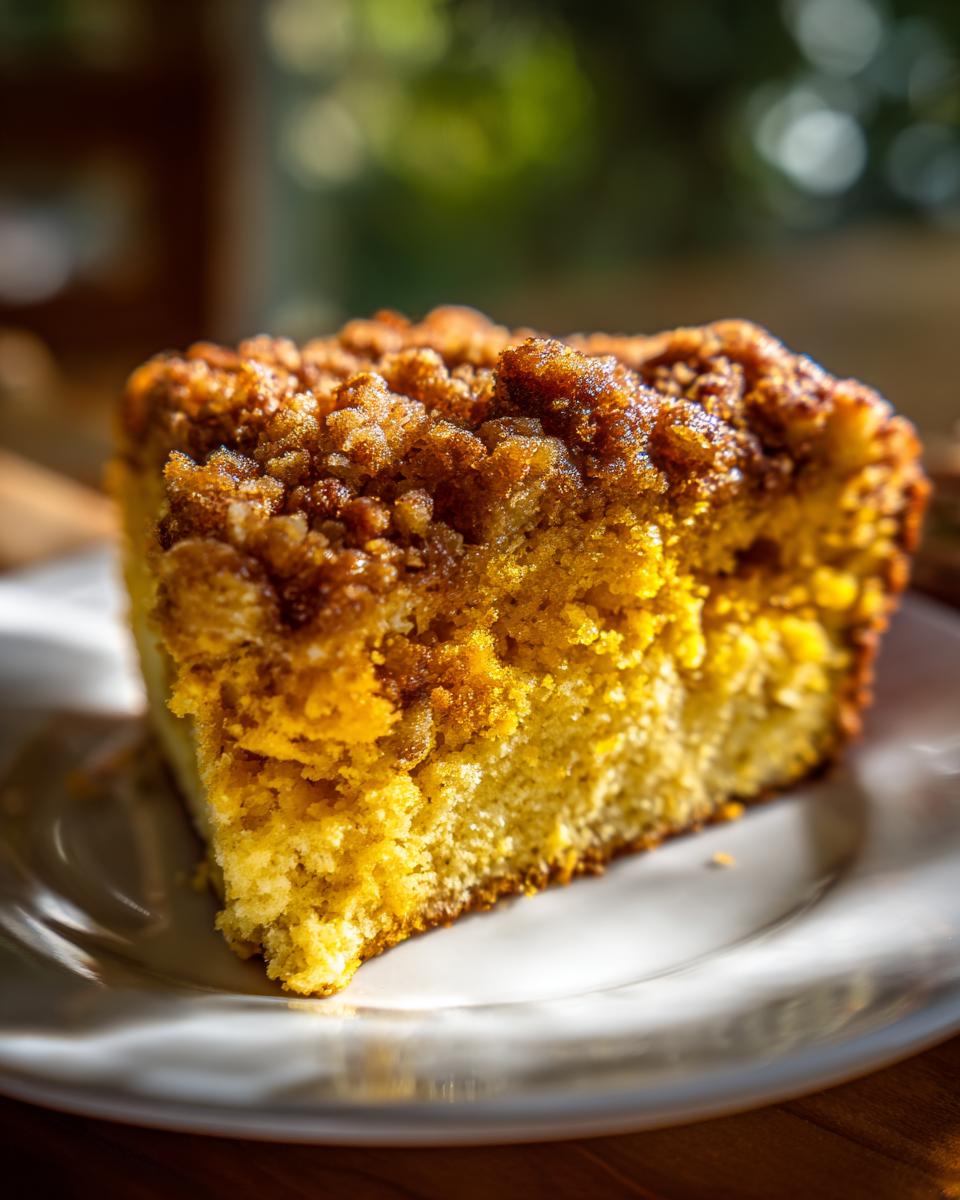 Close-up of a moist slice of pumpkin crunch cake featuring a rich, brown sugar crumble topping.