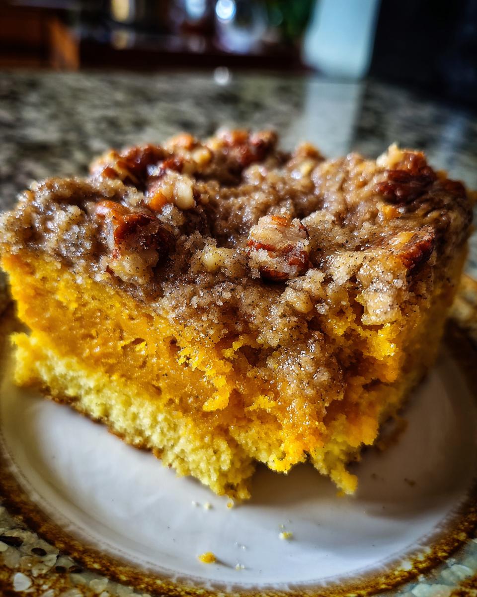 Close-up of a moist slice of pumpkin crunch cake featuring a bright orange layer and a sugary pecan streusel topping.