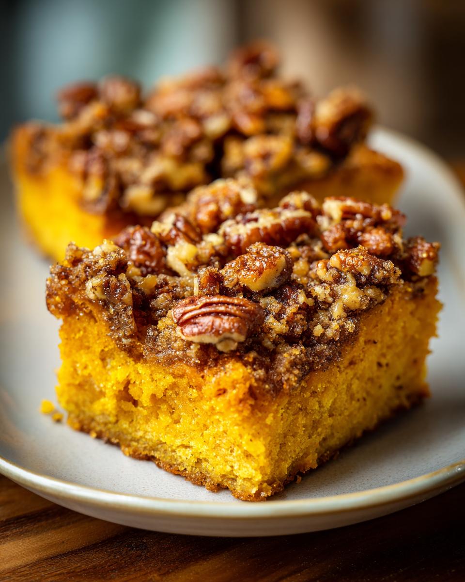 A close-up of a moist, bright orange slice of pumpkin crunch cake topped with a crunchy pecan streusel.