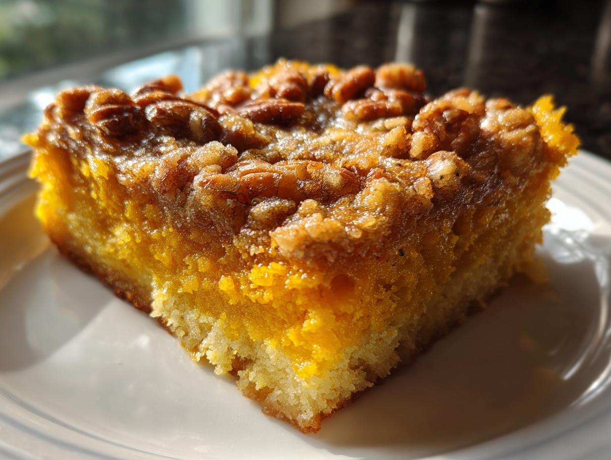 Close-up of a moist slice of pumpkin crunch cake showing the bright orange pumpkin layer and pecan topping.