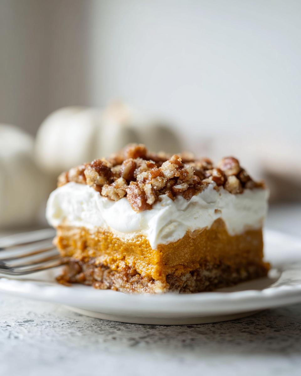 Close-up of a layered pumpkin crunch dessert slice with a pecan topping and whipped cream.