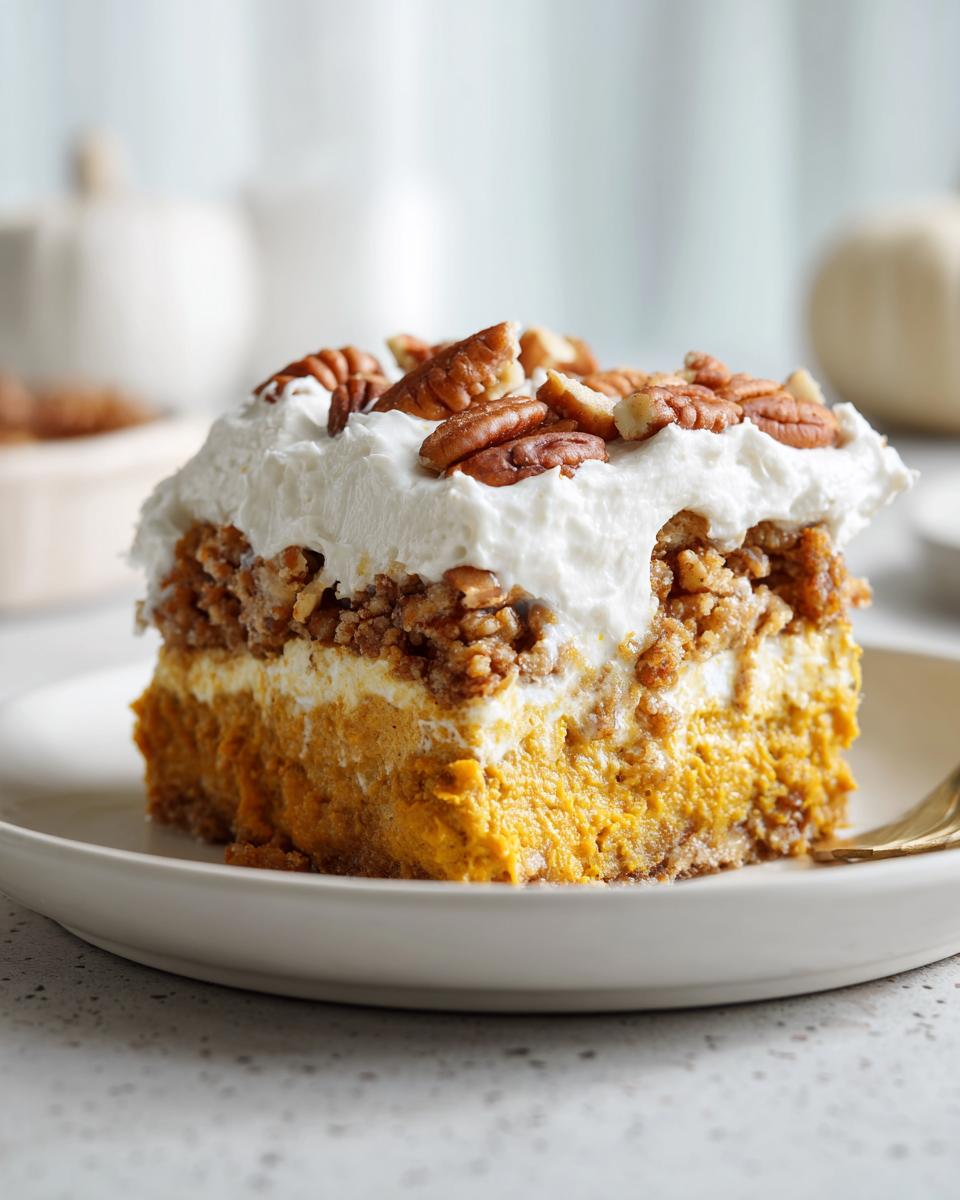 A single serving slice of pumpkin crunch dessert featuring layers of pumpkin filling, crumble, whipped topping, and pecans.