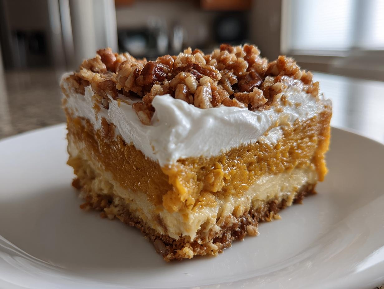 Close-up of a layered slice of pumpkin crunch dessert featuring a crust, cream cheese layer, pumpkin filling, whipped topping, and pecans.