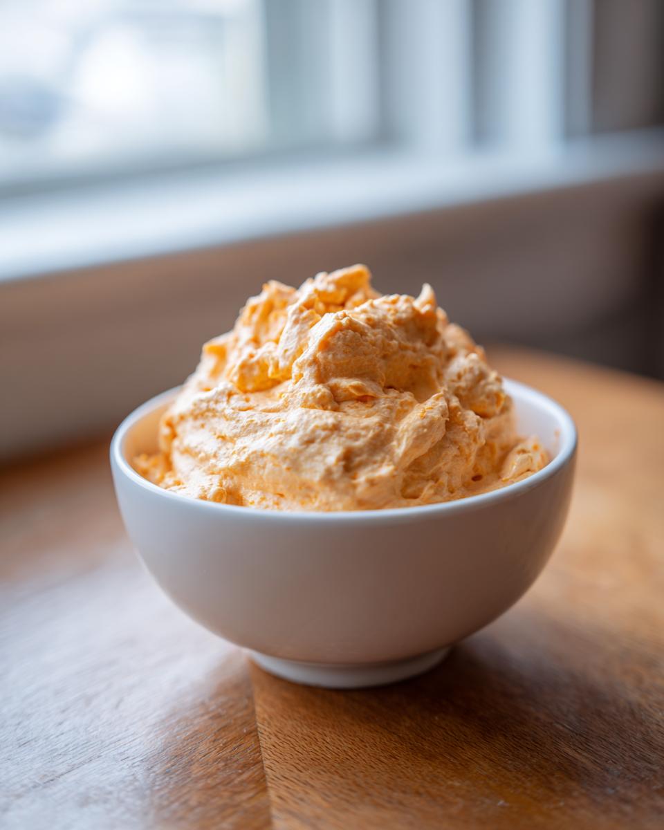 A close-up of light orange, fluffy pumpkin fluff dessert served in a small white bowl on a wooden surface.
