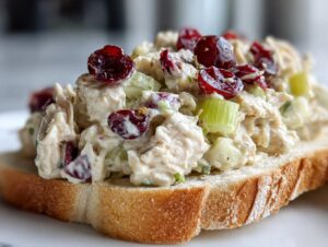A generous scoop of creamy chicken salad sandwich filling topped with dried cranberries sits on a slice of white bread.
