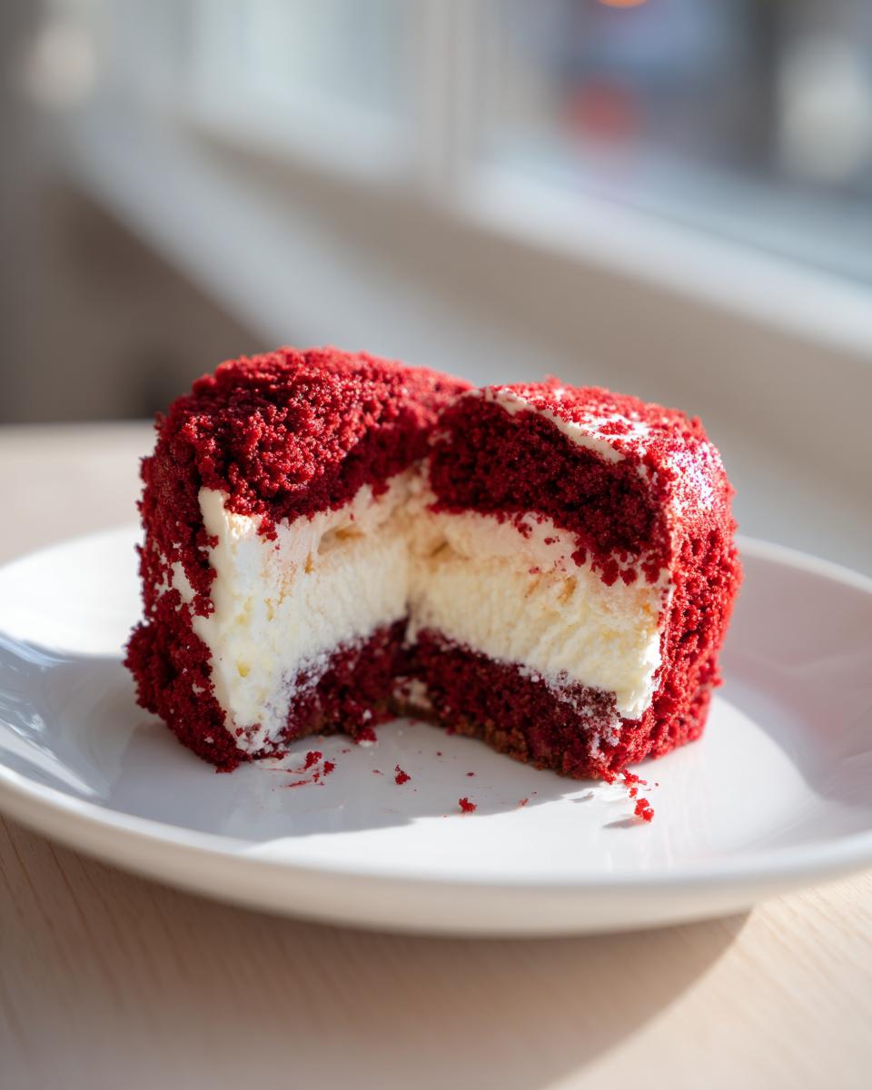 A close-up of a slice of red velvet cheesecake cut in half, showing the bright red cake layers and thick white cream cheese filling.