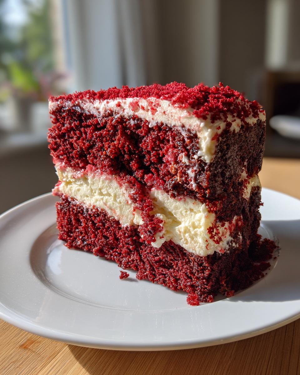 A tall slice of red velvet cheesecake featuring deep red cake layers and thick white cream cheese filling, topped with red crumbs.