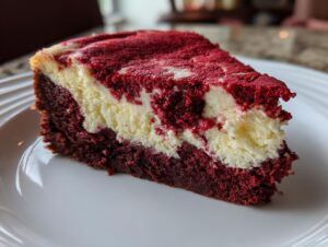 A close-up slice of red velvet cheesecake showing rich red cake layers swirled with creamy white cheesecake filling.