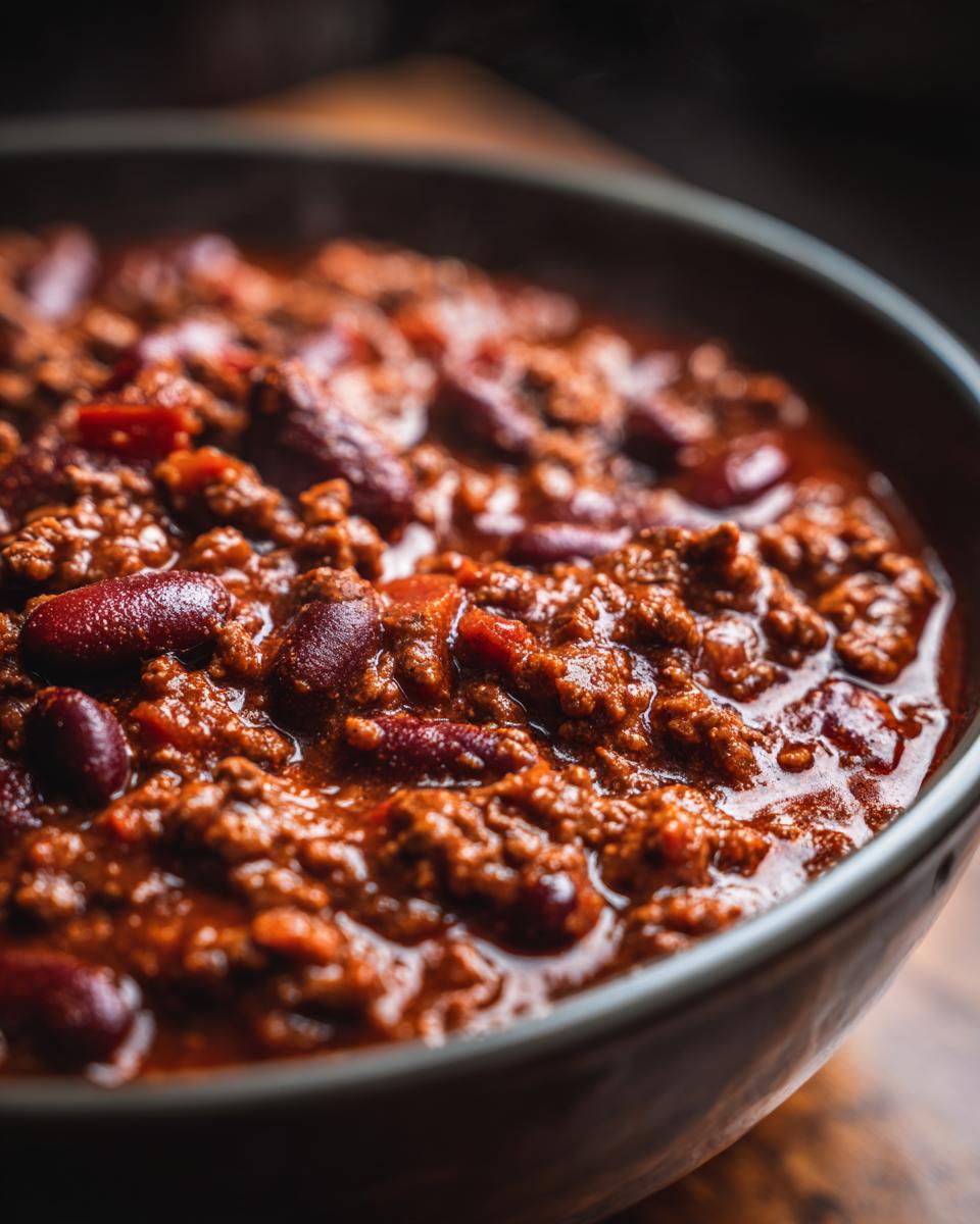 Close-up of a rich, dark red bowl of chili con carne featuring ground meat and kidney beans, perfect for the best chili recipe.