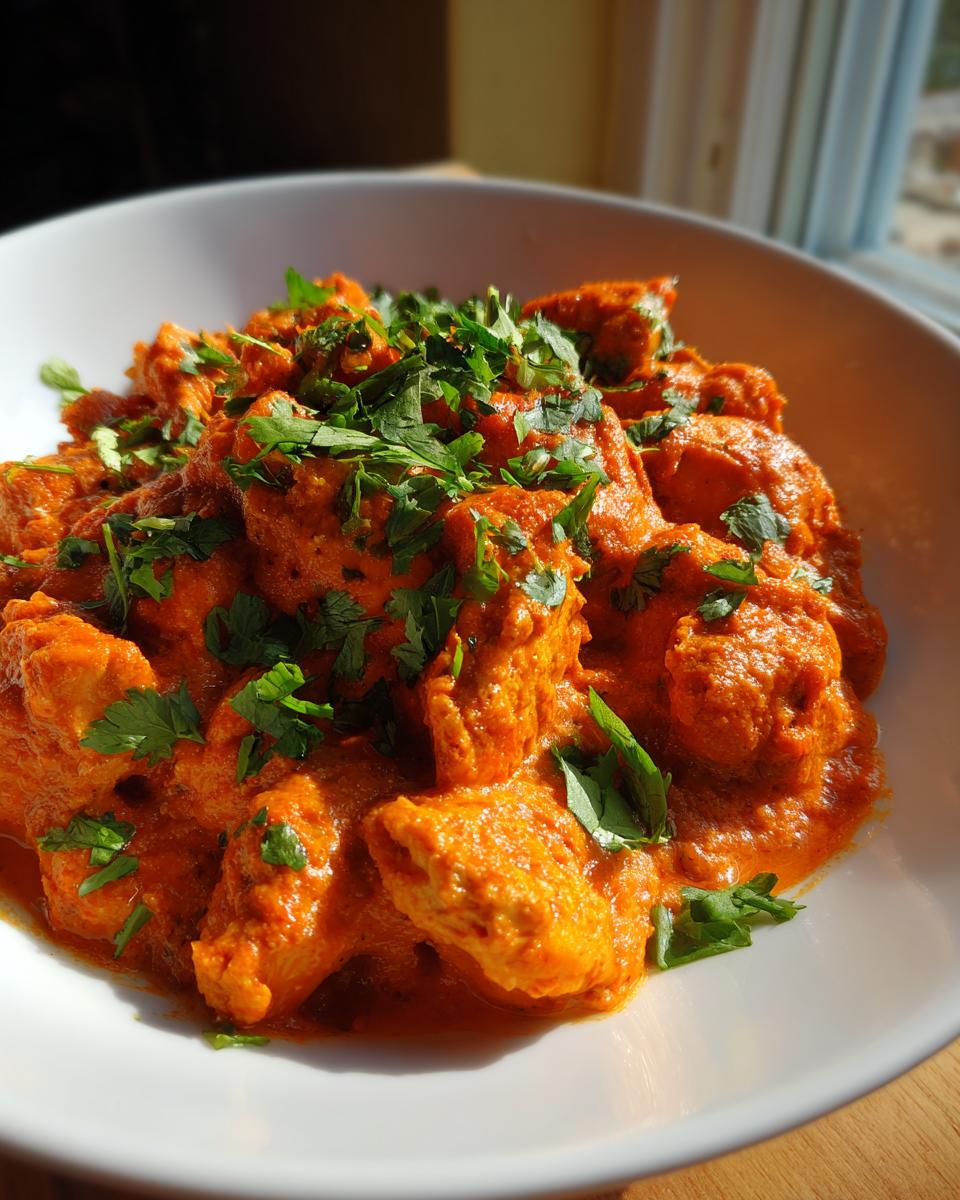 Close-up of creamy, orange-red butter chicken pieces garnished generously with fresh cilantro in a white bowl.