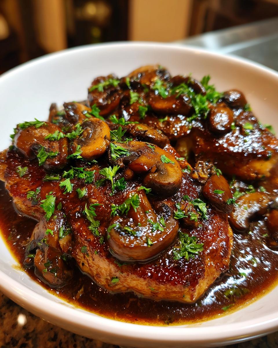 Close-up of rich Chicken Marsala featuring a piece of chicken smothered in dark Marsala sauce and topped with sliced mushrooms and parsley.