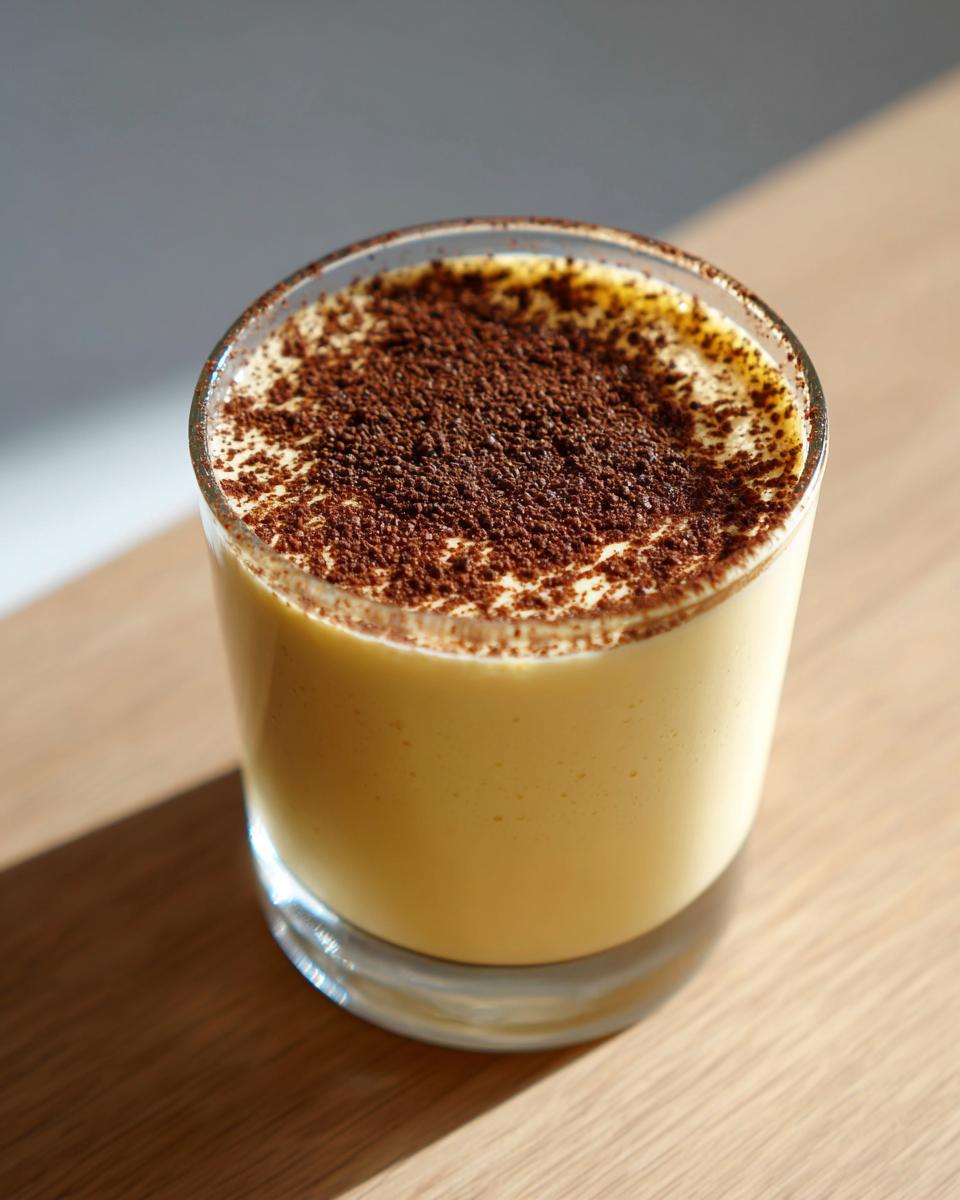 A glass filled with creamy homemade eggnog, topped generously with dark cocoa powder.