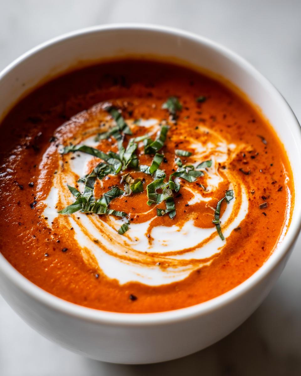 Close-up of a bowl of vibrant red tomato bisque, swirled with cream and topped with fresh basil.