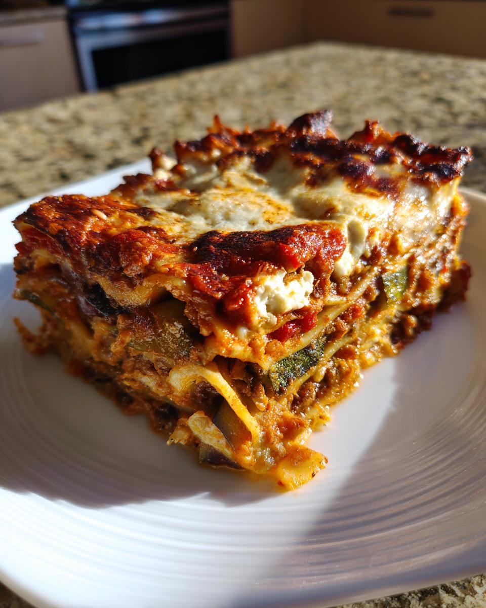 A hearty, multi-layered slice of roasted vegetable lasagna with browned cheese topping on a white plate.