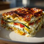 A close-up, appetizing slice of roasted vegetable lasagna showing layers of zucchini, ricotta, and a deeply browned, cheesy top.