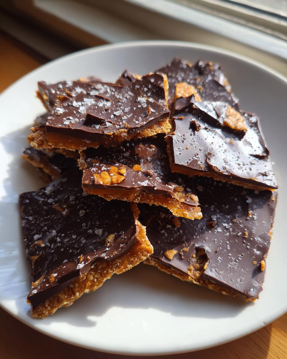 Close-up of broken pieces of saltine cracker toffee topped with dark chocolate and flaky sea salt.