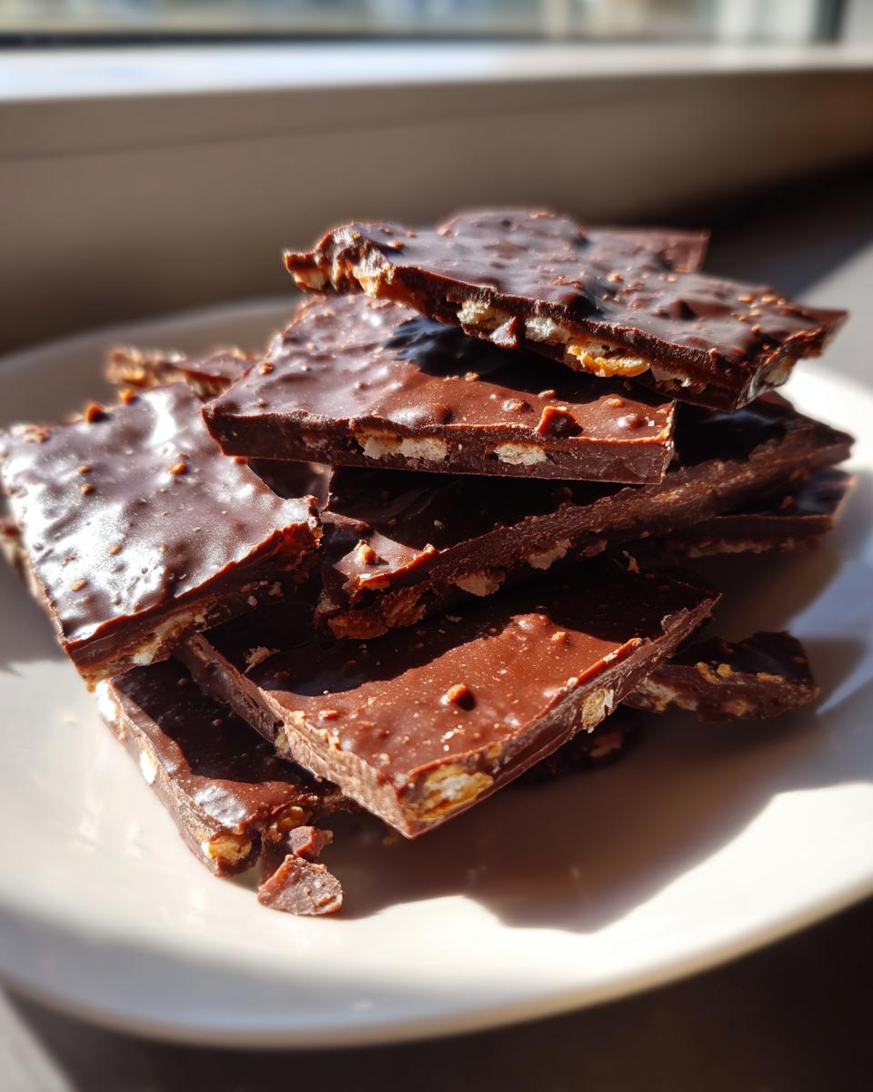 A stack of broken pieces of rich, dark chocolate saltine cracker toffee on a light plate.