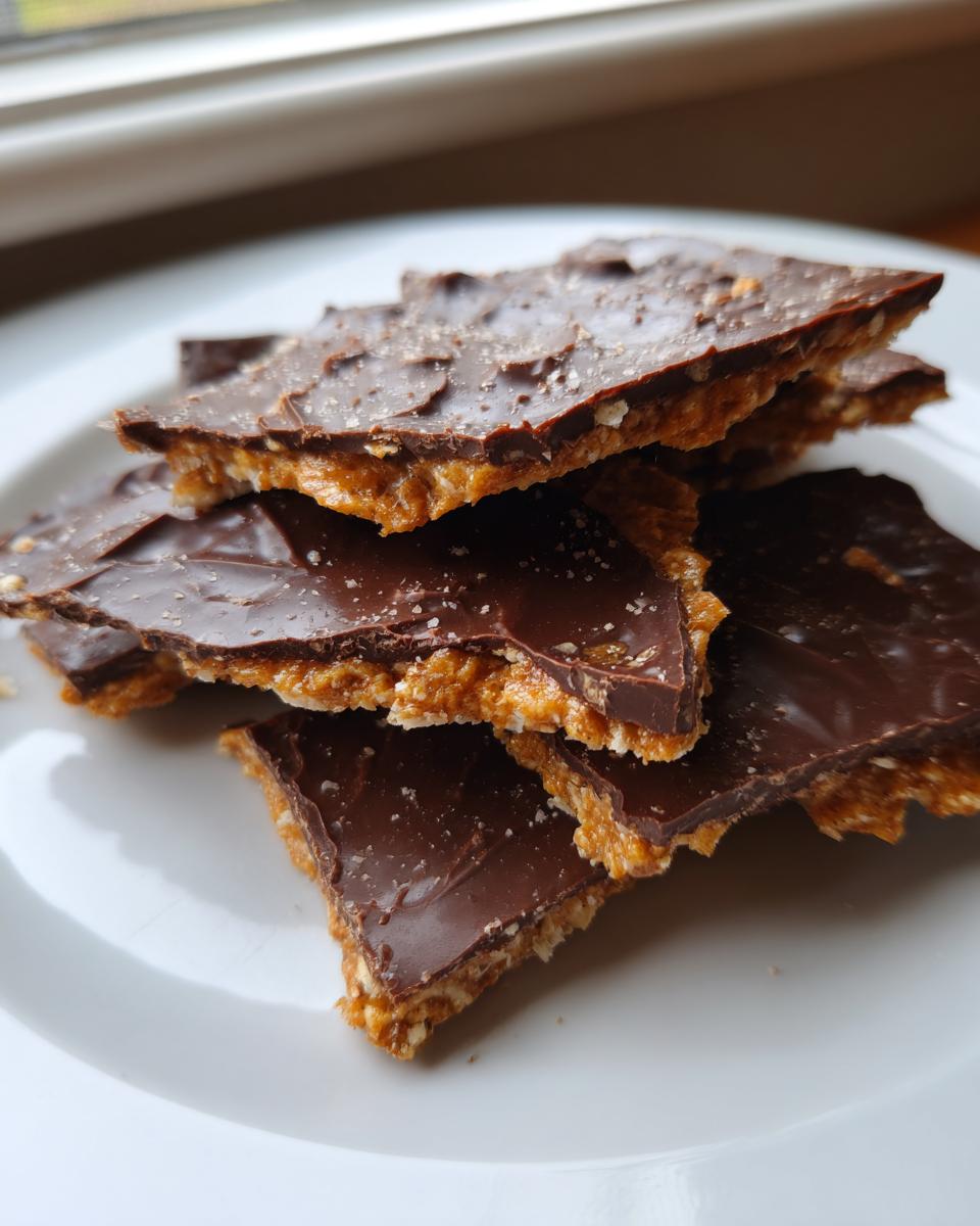 Close-up of stacked pieces of homemade saltine cracker toffee topped with melted chocolate and sea salt.
