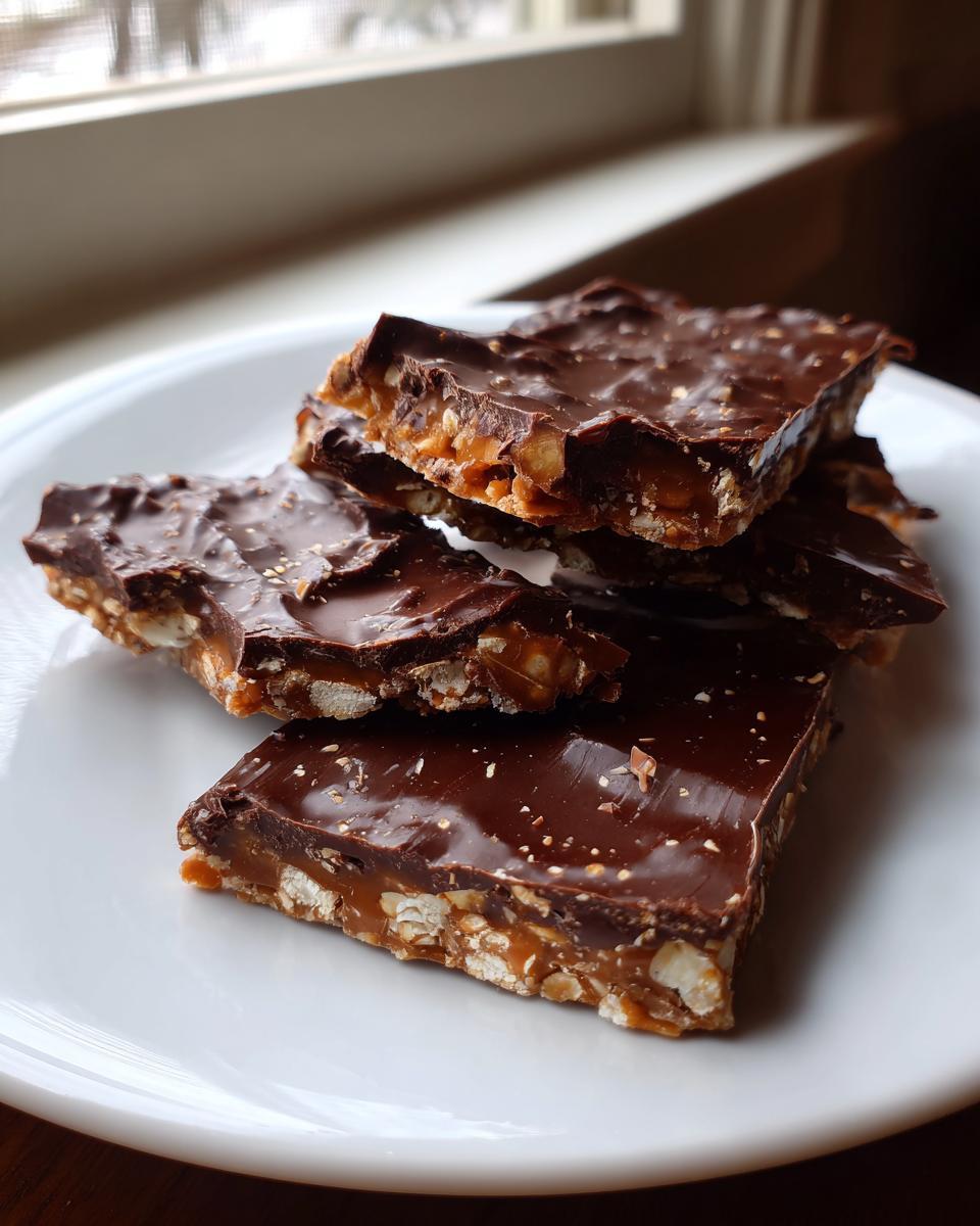 Four stacked pieces of rich saltine cracker toffee showing the crunchy base and thick chocolate topping.