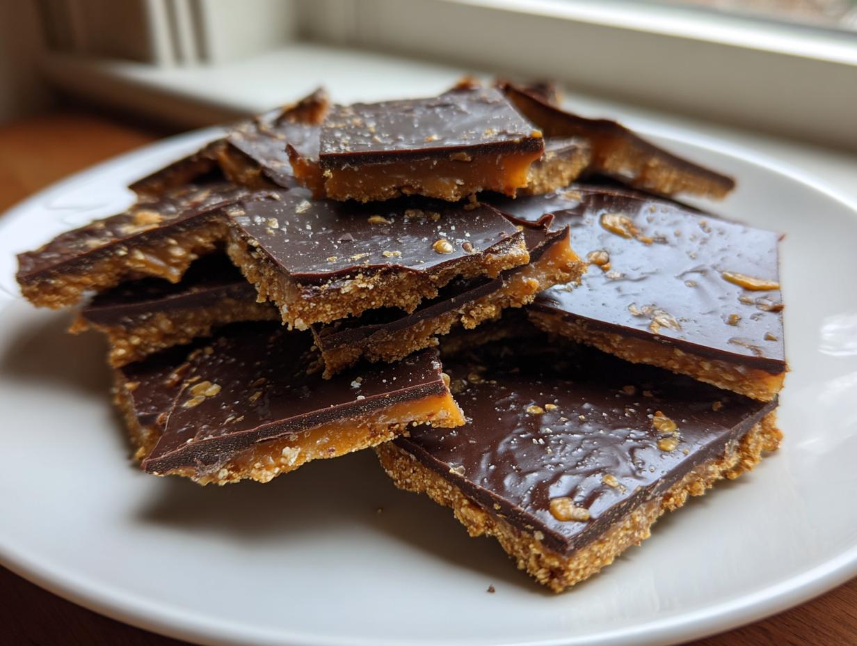 A stack of homemade saltine cracker toffee squares with a thick chocolate topping on a white plate.