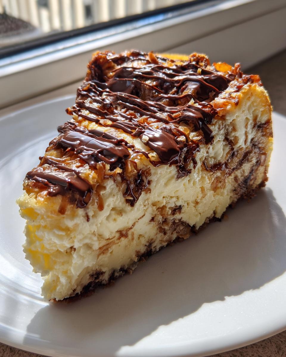 A decadent slice of Samoa Cheesecake topped with toasted coconut and a dark chocolate drizzle.