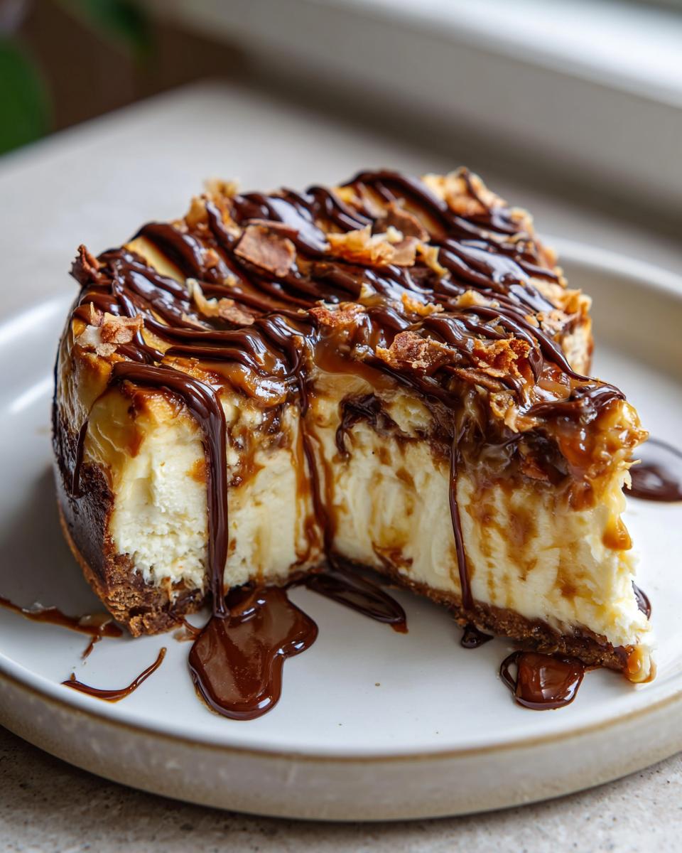A rich slice of Samoa Cheesecake featuring a creamy center, chocolate drizzle, and caramel sauce pooling on the plate.