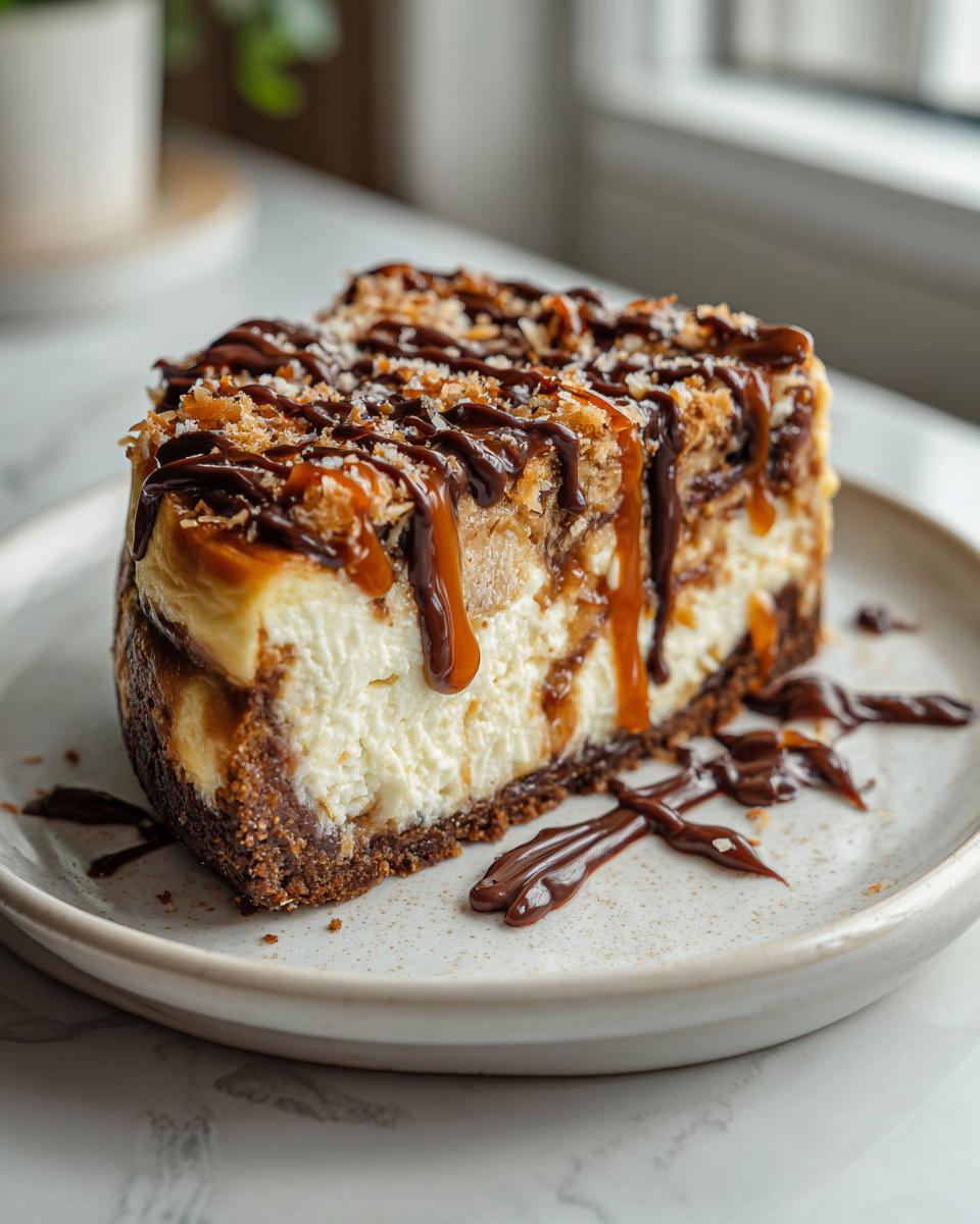 A rich slice of Samoa Cheesecake featuring a thick crust, creamy filling, caramel, chocolate drizzle, and coconut topping.