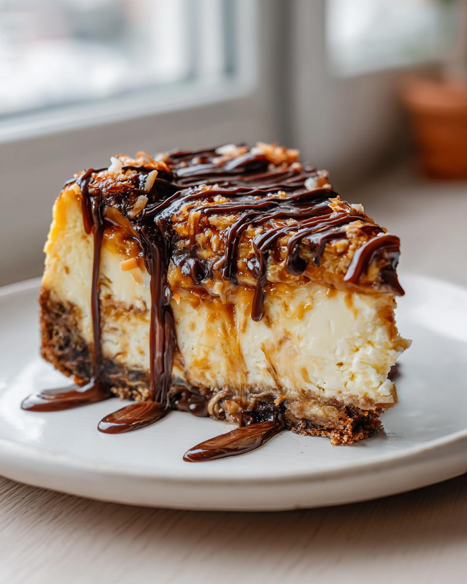 A rich slice of Samoa Cheesecake topped with caramel, toasted coconut, and drizzled heavily with chocolate sauce.