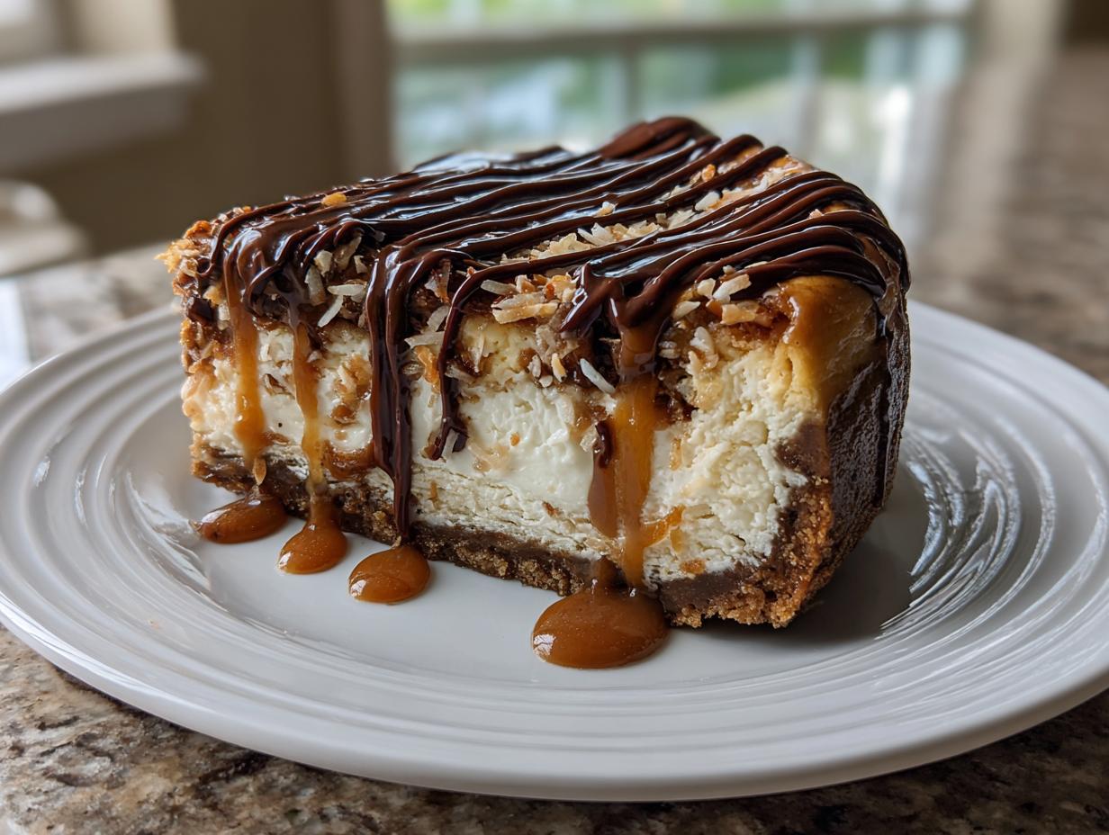 A thick slice of Samoa Cheesecake topped with toasted coconut, caramel, and chocolate drizzle on a white plate.