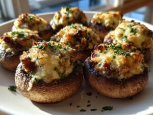 A plate of baked Sausage stuffed mushrooms with golden, cheesy tops and fresh parsley garnish.