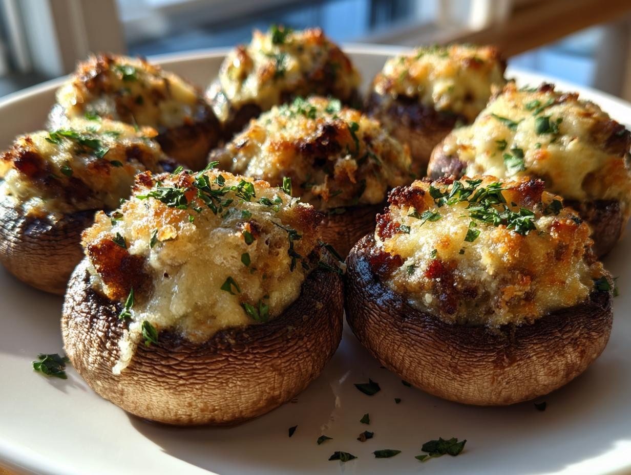 A plate of baked Sausage stuffed mushrooms with golden, cheesy tops and fresh parsley garnish.