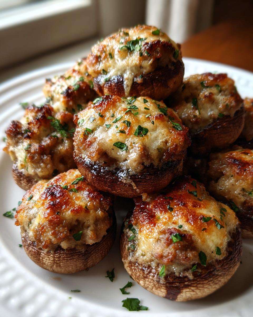 A close-up of several golden brown Sausage stuffed mushrooms piled on a white plate, topped with melted cheese and parsley.