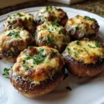 Close-up of six baked sausage stuffed mushrooms topped with melted, browned cheese and fresh parsley.