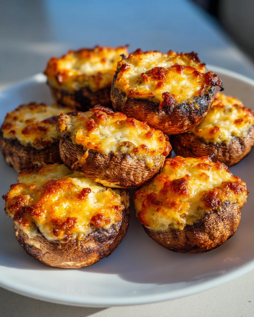 Close-up of six golden brown Sausage stuffed mushrooms piled on a white plate, topped with melted, bubbly cheese.