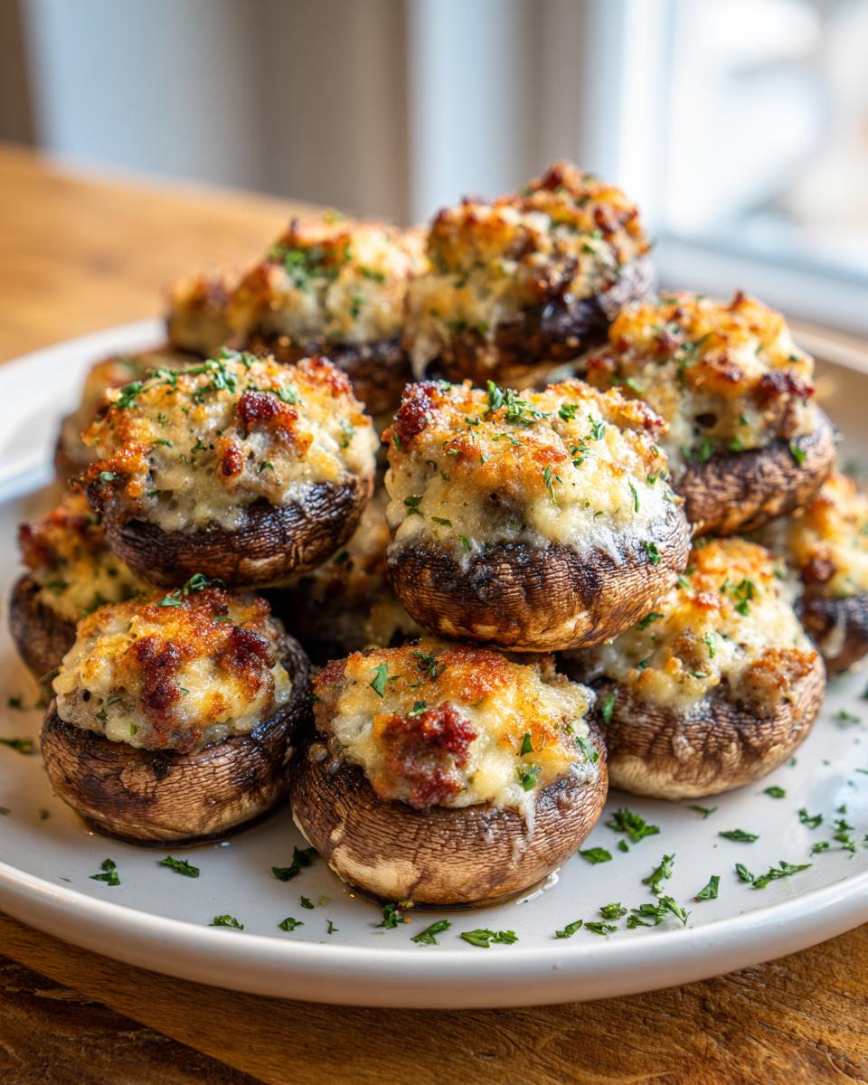 A close-up of a white platter piled high with golden-brown Sausage stuffed mushrooms, topped with melted cheese and parsley.
