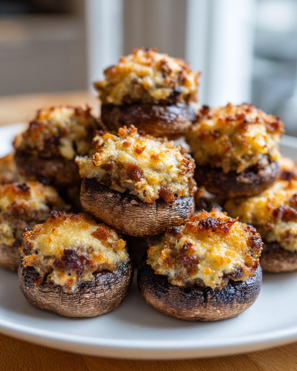A close-up stack of baked Sausage stuffed mushrooms with golden brown, cheesy topping.