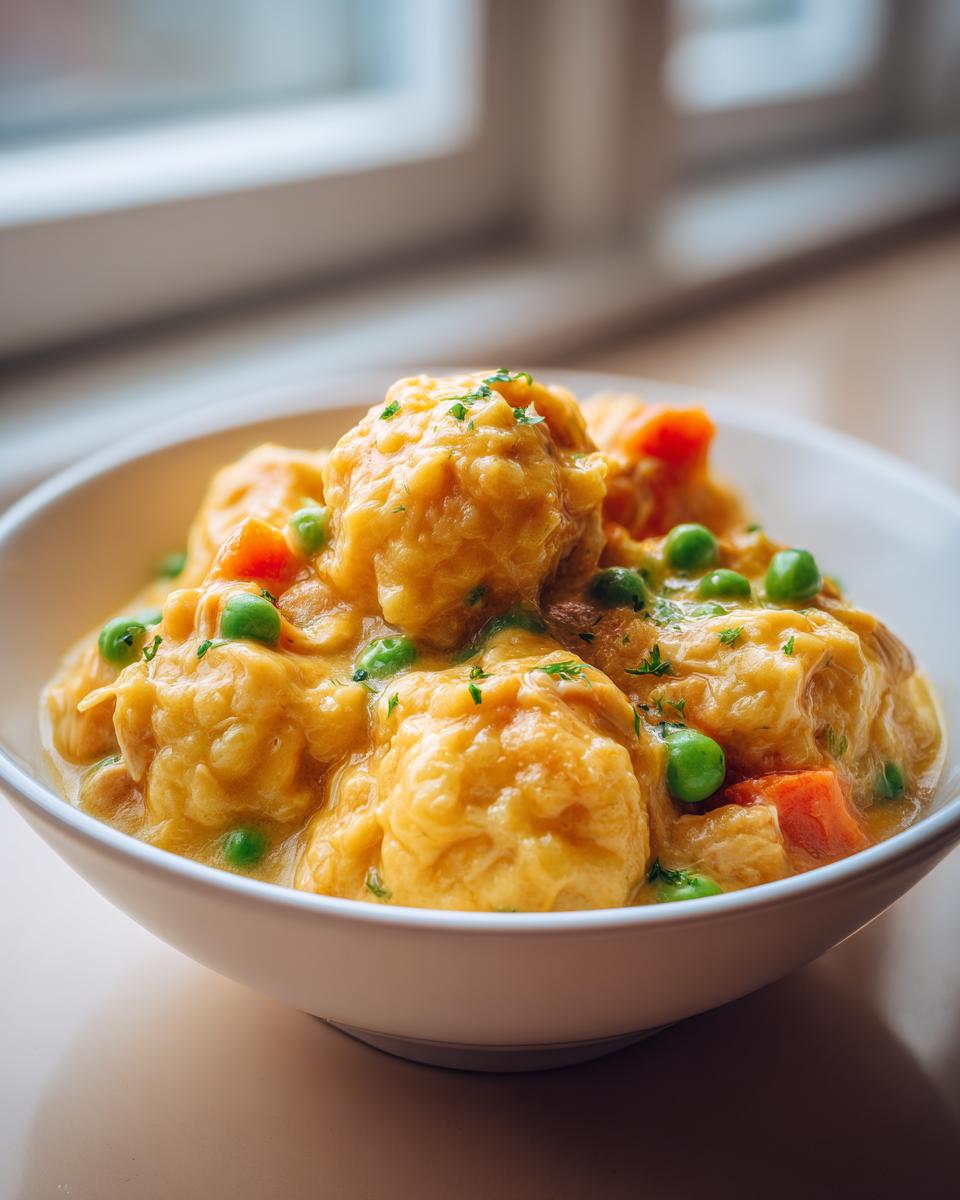 A close-up of savory yellow dumplings served in a creamy sauce with bright green peas and diced carrots.