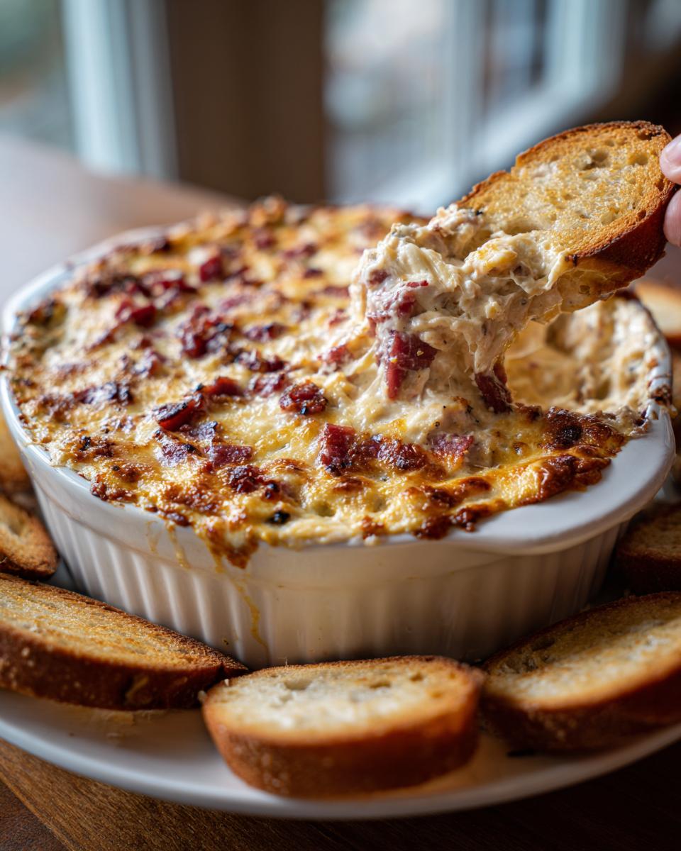 A hand dips a piece of toasted bread into a bubbling, cheesy reuben dip topped with bacon bits.