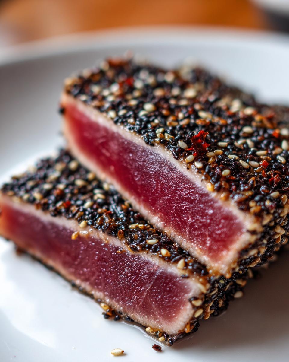 Close-up of two thick slices of perfectly seared ahi tuna, showing a rare red center and a dark sesame seed crust.