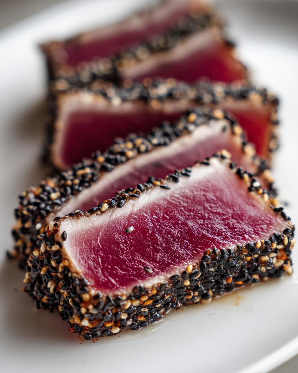 Close-up of perfectly seared ahi tuna slices, crusted with black and white sesame seeds, showing rare red center.