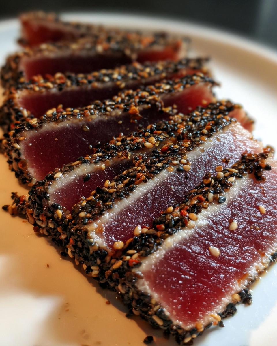 Close-up of perfectly seared Ahi Tuna slices showing a dark sesame crust and rare, deep red interior.