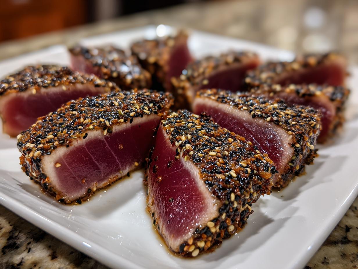 Slices of perfectly seared ahi tuna with a thick, dark sesame seed crust, showing a rare, deep red center.