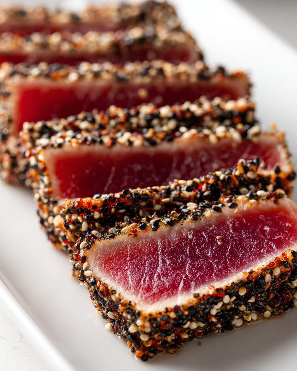 Close-up of perfectly seared ahi tuna, sliced to show the rare red center and thick sesame seed crust.