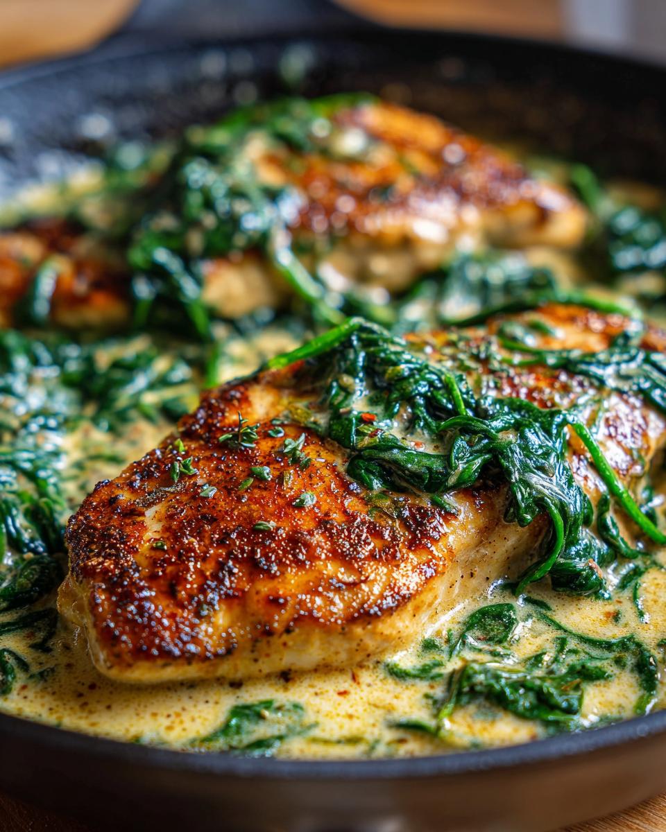 Close-up of seared chicken florentine breasts covered in creamy spinach sauce in a black skillet.