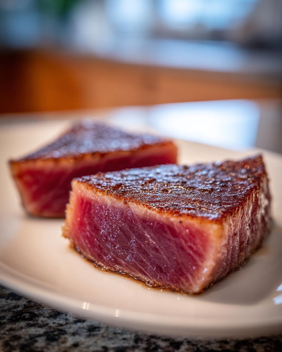 Two thick, seared pieces of rare tuna steak showing a deep red interior after being prepared with a MARINADE FOR TUNA STEAK.
